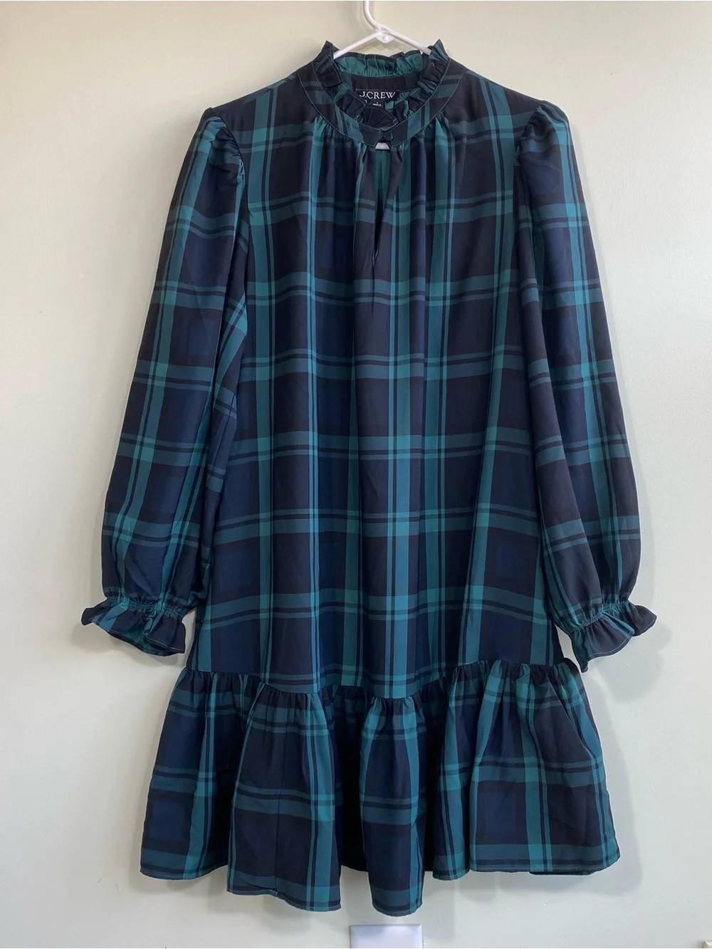J. Crew Dark Green and Navy Plaid Long-Sleeve Ruffle-Hem Dress size Large